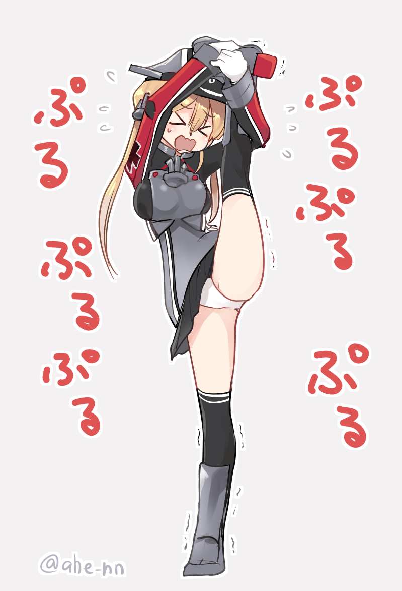 &gt;_&lt; 1girl ahenn anchor anchor_hair_ornament bangs black_legwear black_skirt blonde_hair commentary_request flexible gloves grey_background hair_between_eyes hair_ornament hat kantai_collection leg_lift leg_up long_hair low_twintails microskirt military military_hat military_uniform open_mouth panties peaked_cap pleated_skirt prinz_eugen_(kantai_collection) simple_background skirt solo split standing standing_on_one_leg standing_split thigh-highs translated trembling twintails twitter_username underwear uniform white_gloves white_panties