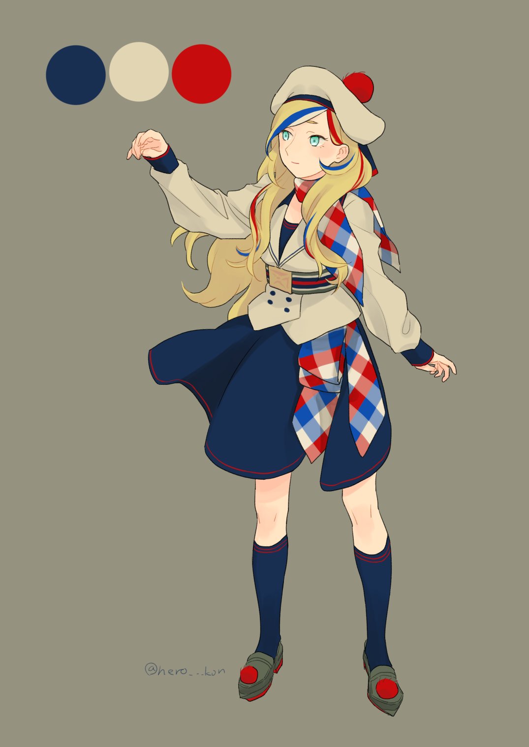 1girl aqua_eyes belt beret black_legwear blonde_hair commandant_teste_(kantai_collection) double-breasted dress french_flag hat hero_kon highres jacket kantai_collection long_hair multicolored multicolored_clothes multicolored_hair multicolored_scarf plaid plaid_scarf platform_footwear pom_pom_(clothes) redhead scarf socks solo streaked_hair wavy_hair