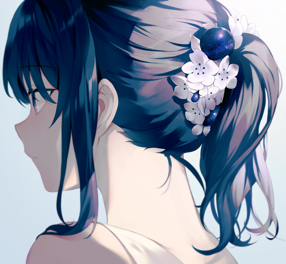 1girl achiki bangs bare_shoulders blue_hair commentary_request eyebrows_visible_through_hair flower gradient gradient_background grey_background hair_between_eyes hair_flower hair_ornament looking_away nape original ponytail portrait sleeveless solo violet_eyes white_flower