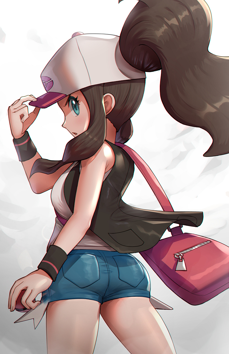 1girl adjusting_clothes adjusting_headwear armpit_crease ass bag bare_shoulders baseball_cap black_vest blue_eyes blue_shorts blush breasts brown_hair chromatic_aberration commentary denim denim_shorts exposed_pocket facing_away from_behind furrowed_eyebrows gonzarez hat high_ponytail highres hilda_(pokemon) holding holding_poke_ball long_hair looking_at_viewer looking_back nape parted_lips poke_ball poke_ball_(basic) pokemon pokemon_(game) pokemon_bw ponytail profile shirt short_shorts shorts sidelocks simple_background sleeveless sleeveless_shirt solo standing thighs twintails v-shaped_eyebrows vest visor_cap white_background white_headwear white_shirt wristband