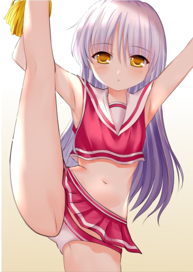 1girl :o angel_beats! armpits arms_up ass bangs bare_arms bare_shoulders blush brown_background cheerleader commentary_request crop_top eyebrows_visible_through_hair gradient gradient_background hair_between_eyes leg_up long_hair looking_at_viewer lydia601304 midriff miniskirt navel panties parted_lips pleated_skirt pom_poms red_shirt red_skirt sailor_collar shirt silver_hair skirt sleeveless sleeveless_shirt solo split standing standing_on_one_leg standing_split stomach tachibana_kanade thighs underwear very_long_hair white_background white_panties white_sailor_collar yellow_eyes