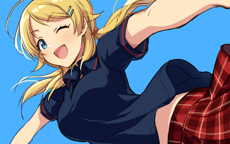 1girl ;d ahoge bangs blonde_hair blue_background blue_eyes blue_shirt blush breasts collared_shirt commentary_request dutch_angle floating_hair hachimiya_meguru hair_ornament hairclip happy idolmaster idolmaster_shiny_colors large_breasts long_hair midriff_peek one_eye_closed open_mouth plaid plaid_skirt ponytail red_skirt sayshownen shirt simple_background skirt smile solo