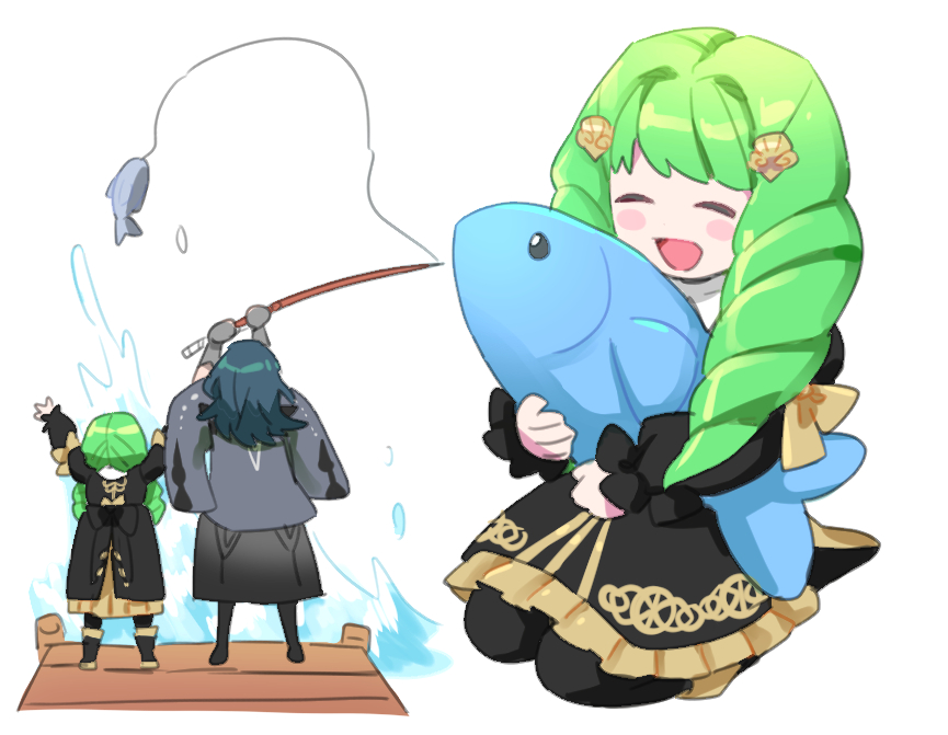 2girls blue_hair blush_stickers byleth_(fire_emblem) byleth_eisner_(female) closed_eyes dededsw_123 fire_emblem fire_emblem:_three_houses fish fishing_rod flayn_(fire_emblem) from_behind garreg_mach_monastery_uniform green_hair holding holding_fishing_rod long_hair long_sleeves multiple_girls open_mouth uniform