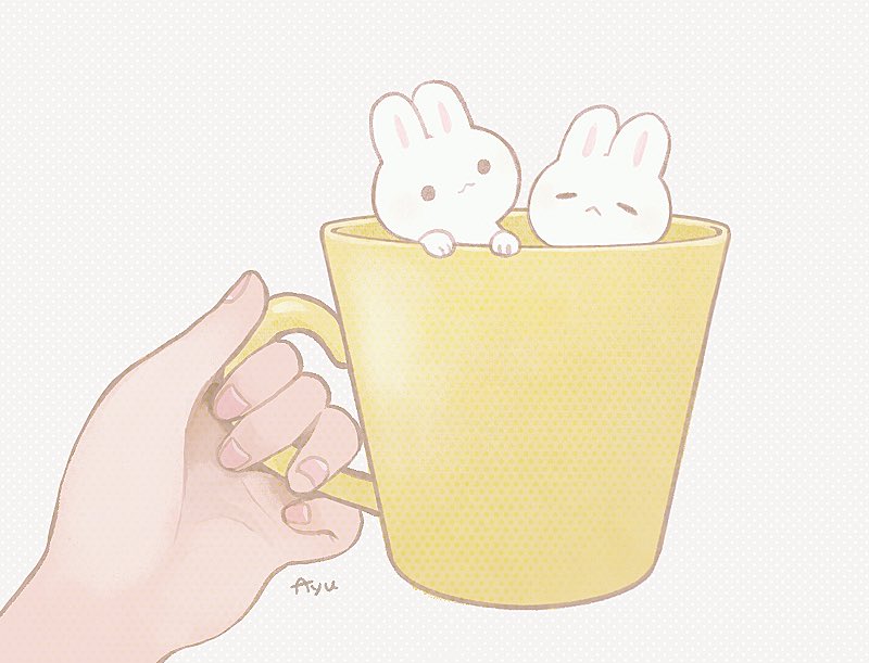 1girl :3 animal_focus ayu_(mog) cup fingernails grey_background halftone halftone_background holding holding_cup looking_at_viewer mug original out_of_frame rabbit solo