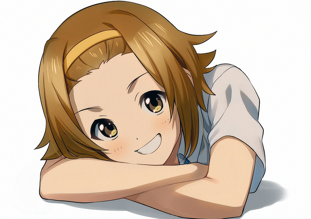 1girl blush brown_eyes brown_hair collared_shirt crossed_arms forehead grin hairband head_rest k-on! looking_at_viewer sakuragaoka_high_school_uniform sayshownen school_uniform shadow shirt short_hair simple_background smile solo tainaka_ritsu twitter_username upper_body watermark white_background white_shirt yellow_hairband