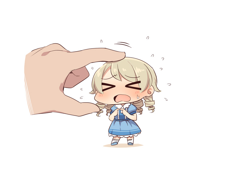 &gt;_&lt; 1girl bangs blue_dress blue_footwear blush chibi closed_eyes collared_dress colored_shadow disembodied_limb dress eyebrows_visible_through_hair fingers_together flying_sweatdrops idolmaster idolmaster_cinderella_girls light_brown_hair long_hair minigirl morikubo_nono open_mouth petting puffy_short_sleeves puffy_sleeves ringlets shadow shoes short_sleeves socks solo_focus standing ushi wavy_mouth white_background white_legwear