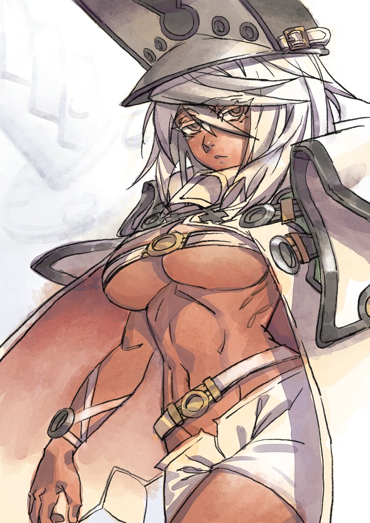 1girl belt brown_eyes cape closed_mouth commentary cowboy_shot dark_skin english_commentary guilty_gear guilty_gear_xrd hat looking_at_viewer navel ramlethal_valentine short_shorts shorts solo standing white_cape white_hair white_shorts zakusi