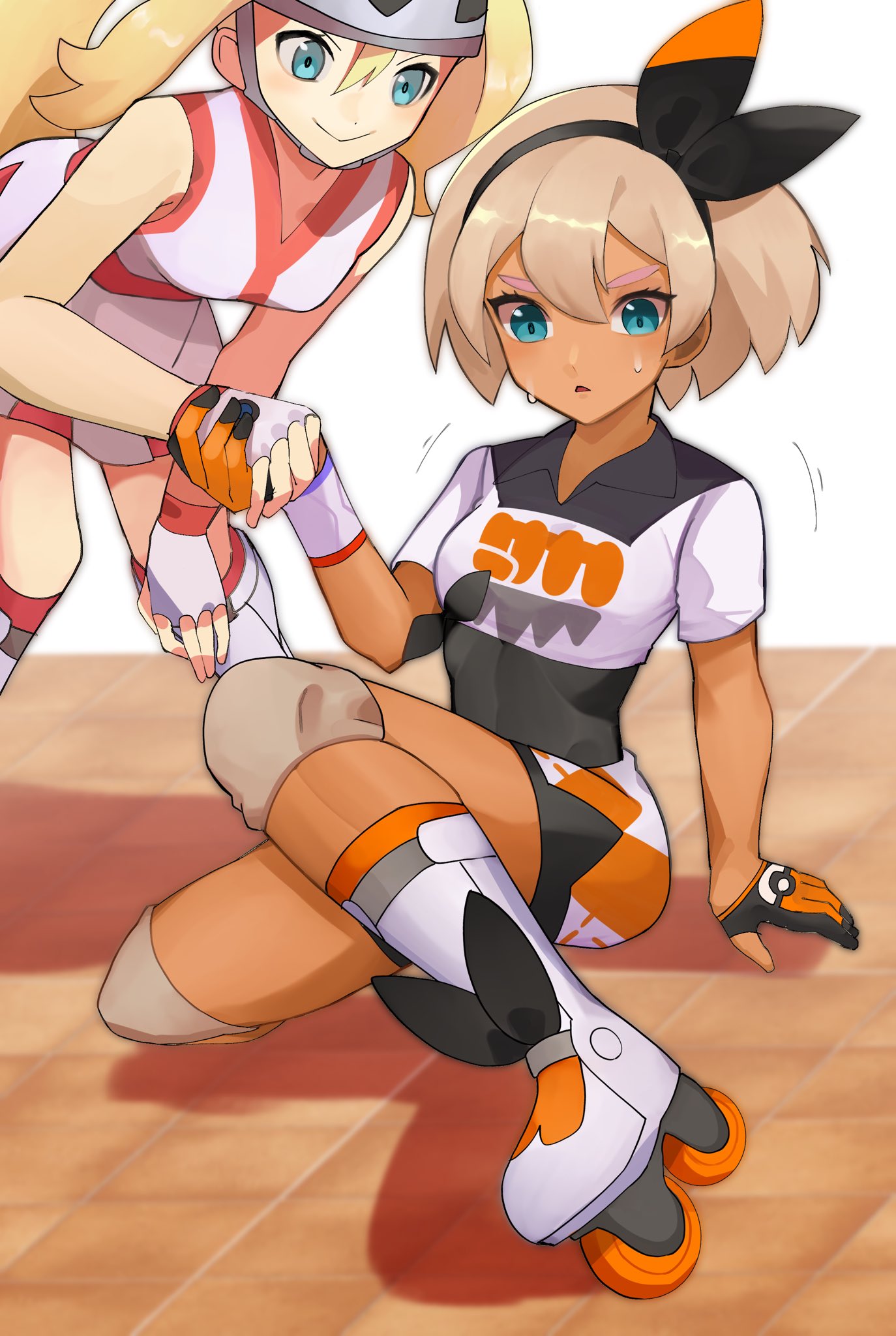 2girls :&gt; aqua_eyes bangs bare_arms bea_(pokemon) bicycle_helmet black_bodysuit black_hairband blonde_hair bodysuit bodysuit_under_clothes bow_hairband collared_shirt commentary_request dynamax_band fingerless_gloves gloves gym_leader hair_between_eyes hairband helmet highres holding_hands katwo knee_pads korrina_(pokemon) long_hair multiple_girls partly_fingerless_gloves pokemon pokemon_(game) pokemon_swsh pokemon_xy print_shirt print_shorts roller_skates shiny shiny_hair shirt short_hair short_sleeves shorts skates sweat tied_shirt