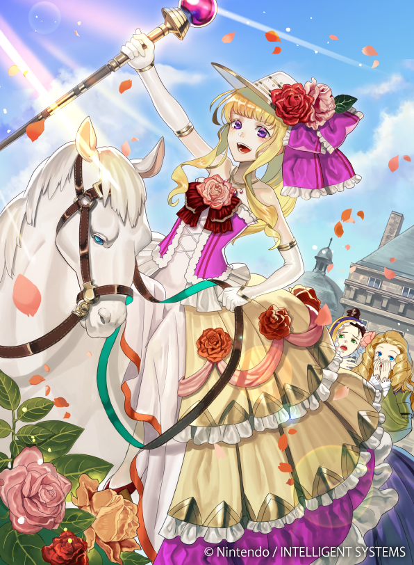 3girls blonde_hair blue_eyes brown_hair clarine_(fire_emblem) corset fire_emblem fire_emblem:_the_binding_blade fire_emblem_cipher floral_background flower gloves green_eyes hat hat_ornament horse kyo_niku multiple_girls official_art ponytail rose staff violet_eyes