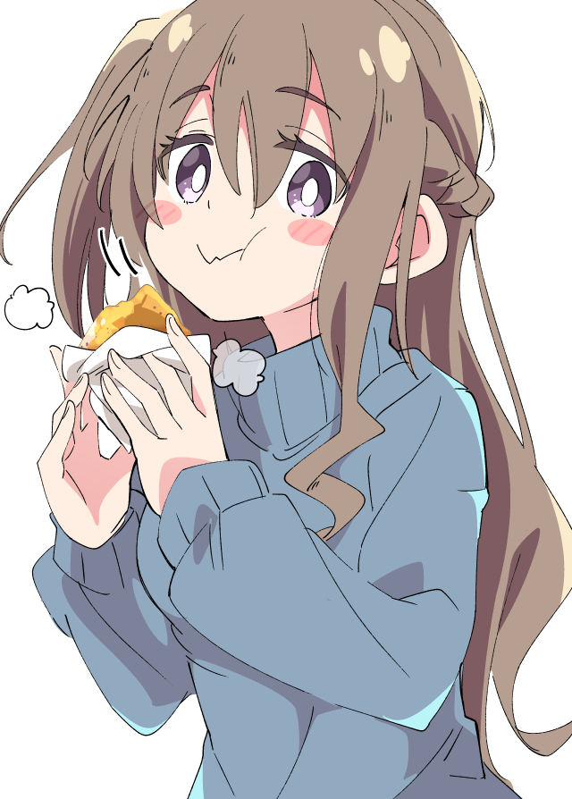 1girl blue_sweater blush_stickers brown_hair copyright_request eating eyebrows_visible_through_hair food hair_between_eyes holding holding_food ixy long_hair long_sleeves looking_at_viewer simple_background solo sweater violet_eyes white_background