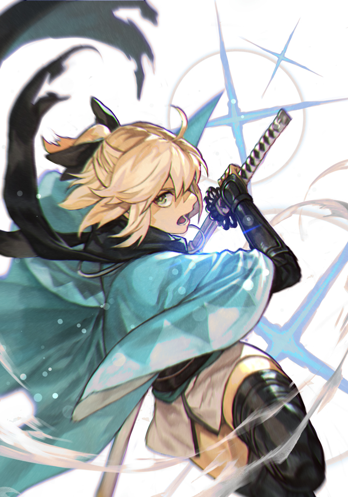 1girl black_legwear black_sash black_scarf blonde_hair fate_(series) green_eyes hankuri haori holding holding_sword holding_weapon japanese_clothes katana kimono koha-ace looking_at_viewer obi okita_souji_(fate) okita_souji_(fate)_(all) open_mouth ponytail sash scabbard scarf sheath short_kimono solo sword thigh-highs torn_scarf unsheathing vambraces weapon wide_sleeves