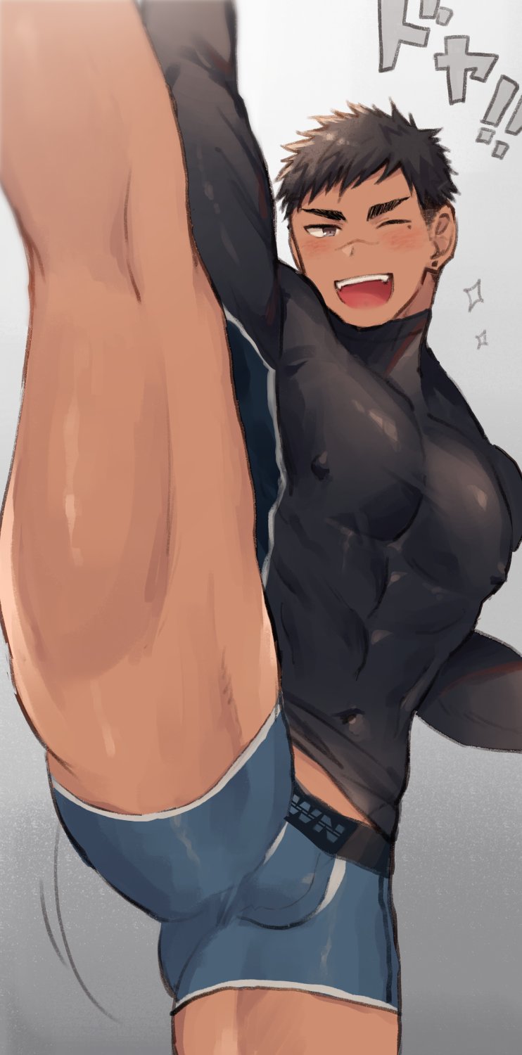 1boy ;d bara black_hair black_shirt blue_briefs boxer_briefs brown_eyes compression_sleeve covered_nipples doyagao grey_background haozz highres looking_at_viewer male_focus male_underwear mole mole_under_eye one_eye_closed open_mouth original shirt simple_background skin_tight smile smug solo split standing standing_on_one_leg standing_split tan underwear