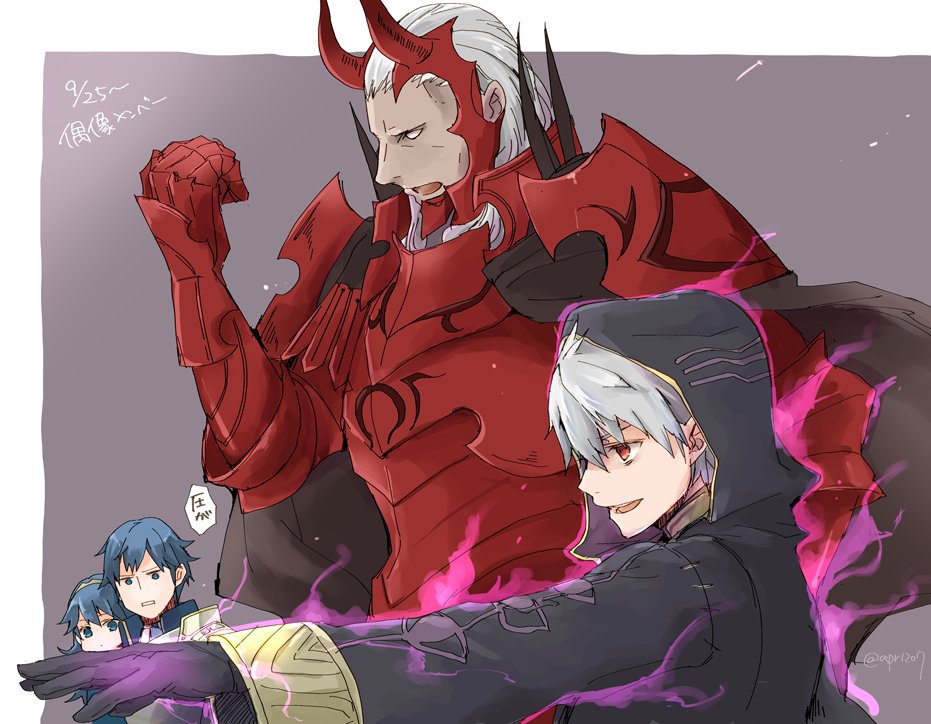 1girl 3boys armor aura blue_eyes blue_hair cape chrom_(fire_emblem) dark_aura dated father_and_daughter fire_emblem fire_emblem_awakening fire_emblem_heroes from_side gloves grima_(fire_emblem) hood hood_up long_hair long_sleeves lucina lucina_(fire_emblem) multiple_boys open_mouth red_eyes robaco robin_(fire_emblem) robin_(fire_emblem)_(male) short_hair simple_background walhart_(fire_emblem) white_hair