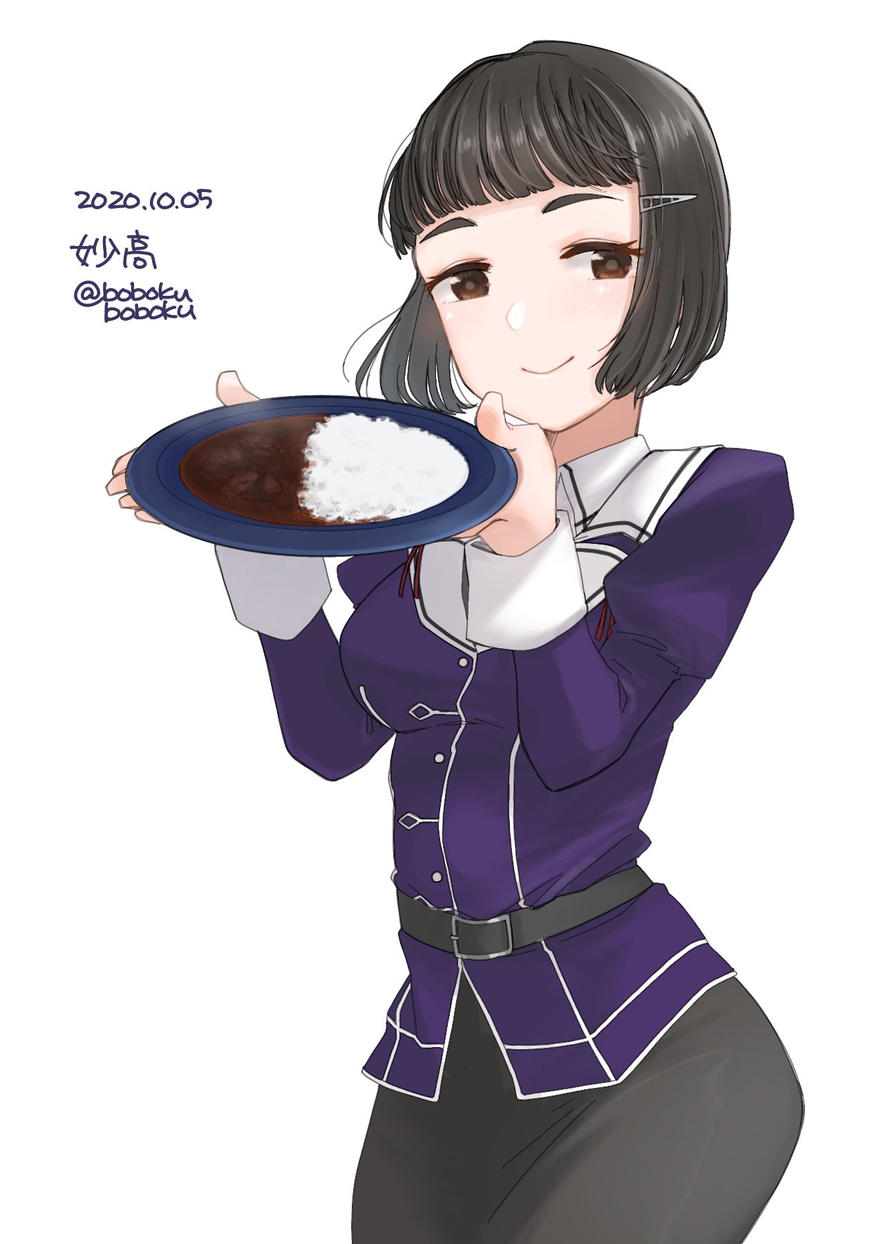 1girl alternate_hair_length alternate_hairstyle black_hair black_skirt bobokuboboku braid braided_bun brown_eyes character_name commentary_request cowboy_shot curry curry_rice dated food hair_bun highres kantai_collection looking_at_viewer military military_uniform myoukou_(kantai_collection) pencil_skirt plate remodel_(kantai_collection) rice short_hair simple_background skirt solo twitter_username uniform white_background