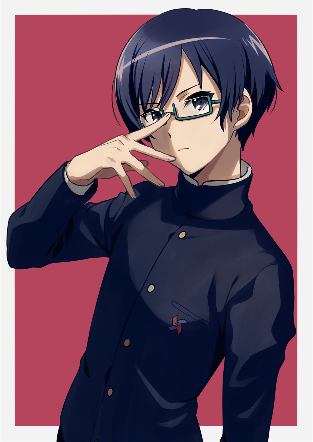 1boy adjusting_eyewear another bangs black_eyes black_hair border buttons closed_mouth commentary_request gakuran glasses green-framed_eyewear highres kazami_tomohiko looking_at_viewer male_focus outside_border red_background sayshownen school_uniform semi-rimless_eyewear shiny shiny_hair short_hair simple_background solo under-rim_eyewear upper_body white_border