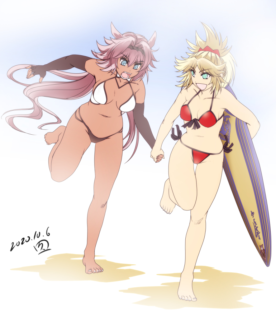 2girls :d bad_feet barefoot bikini blonde_hair blue_eyes breasts caenis_(fate) dark_skin dated error eyebrows_visible_through_hair fate/grand_order fate_(series) hisahiko holding_hands long_hair looking_at_another medium_breasts mordred_(fate) mordred_(fate)_(all) multiple_girls navel open_mouth pink_hair red_bikini running short_hair side-tie_bikini smile swimsuit teeth toes white_bikini