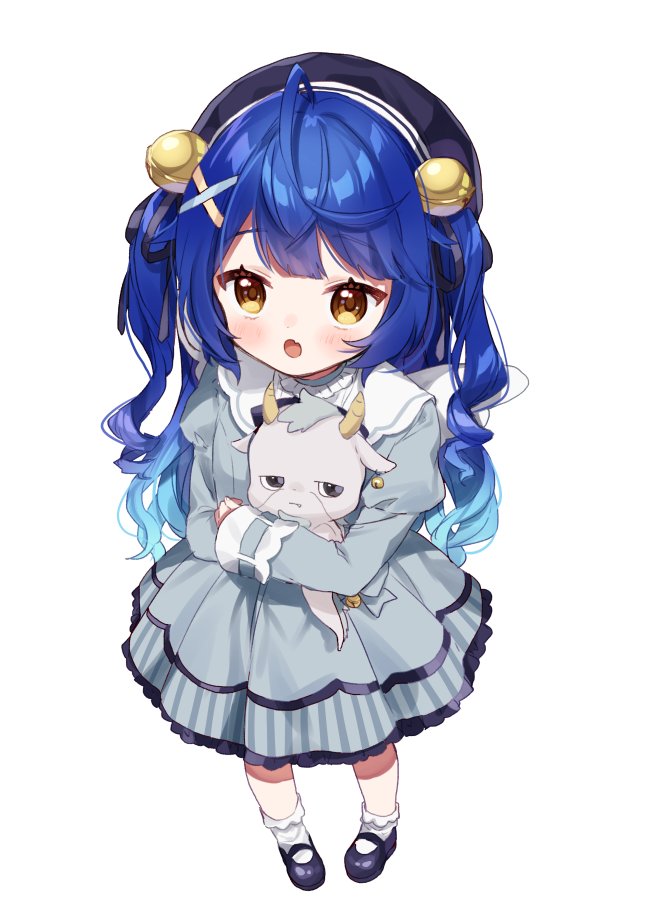 1girl ahoge bell blue_hair blush character_request child copyright_request dress eyebrows_visible_through_hair fang hair_ornament open_mouth perspective simple_background skin_fang solo white_background x_hair_ornament yamabukiiro yellow_eyes
