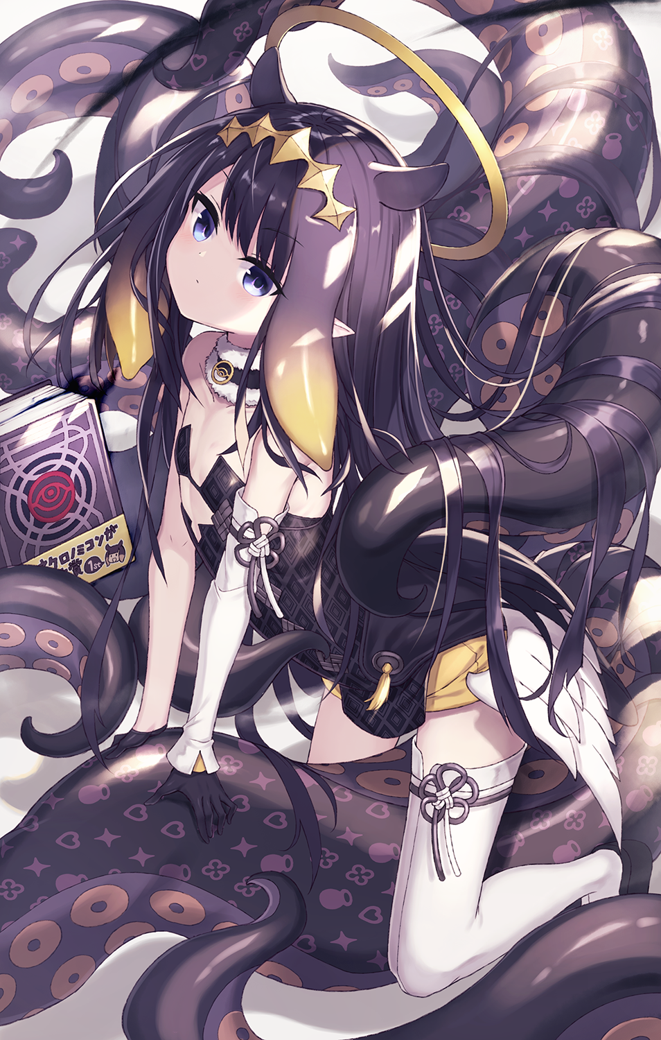 1girl bare_shoulders black_hair book collar collarbone eyebrows_visible_through_hair flat_chest fur_collar fur_trim gloves halo highres hololive hololive_english long_hair ninomae_ina'nis pointy_ears satou_(3366_s) single_arm_warmer single_thighhigh solo tentacle_hair tentacles thigh-highs very_long_hair violet_eyes wings