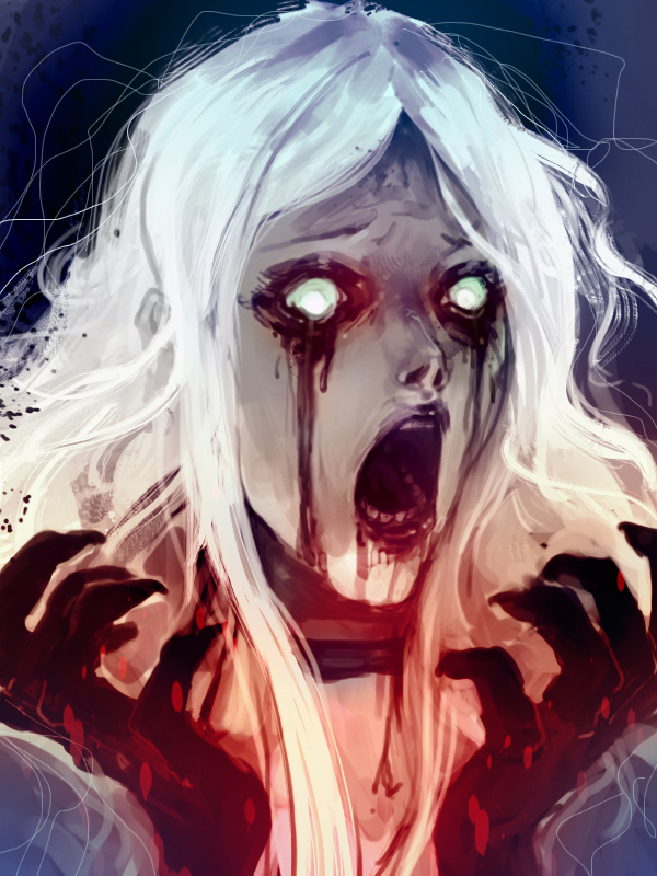 1girl alice:_madness_returns blood blood_from_mouth blood_on_face bloody_hands horror_(expression) horror_(theme) looking_down messy_hair nightmaree-moon-sis open_mouth solo white_eyes white_hair