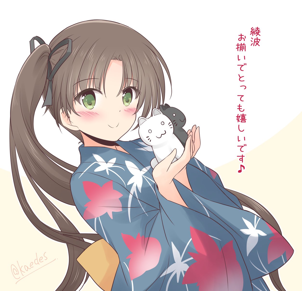 1girl ayanami_(kantai_collection) blue_kimono brown_hair cat commentary_request green_eyes highres icesherbet japanese_clothes kantai_collection kimono leaf_print long_hair looking_at_viewer official_alternate_costume side_ponytail smile solo translation_request two-tone_background yukata