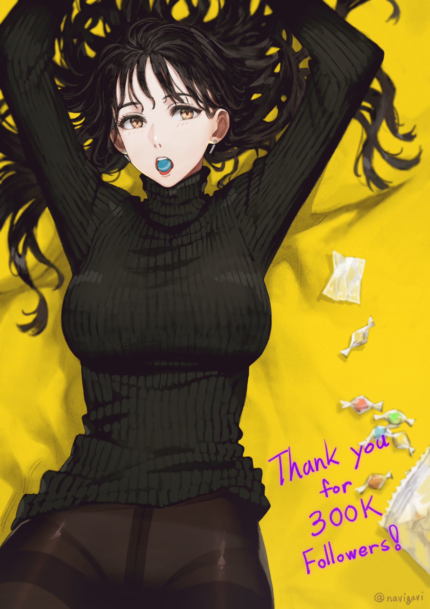 1girl arms_up black_hair black_legwear black_sweater blush breasts brown_eyes candy candy_wrapper commentary cowboy_shot earrings eyelashes food from_above highres jewelry jun_(seojh1029) large_breasts long_hair looking_at_viewer lying mouth_hold on_back open_mouth original panties panties_under_pantyhose pantyhose ribbed_sweater see-through simple_background solo sweater thank_you thighband_pantyhose tongue tongue_out turtleneck turtleneck_sweater twitter_username underwear white_panties yellow_background