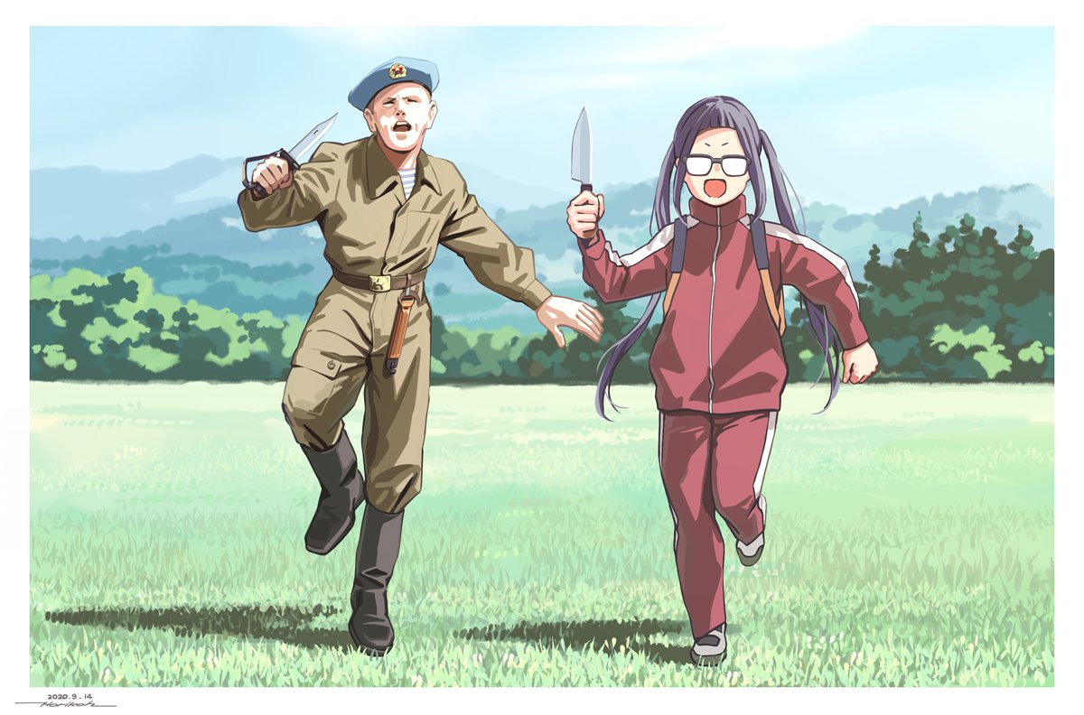 1boy 1girl :d ankle_boots backpack bag belt beret black_footwear blue_headwear blue_sky boots border brown_belt brown_jumpsuit dagger dated day field glasses hand_up hat holding holding_dagger holding_knife holding_weapon horikou jacket jumpsuit knife long_sleeves military military_uniform oogaki_chiaki opaque_glasses open_mouth outdoors pants real_life red_jacket red_pants running shoes signature sky smile soviet_navy standing standing_on_one_leg track_jacket track_pants track_suit uniform weapon white_border yurucamp