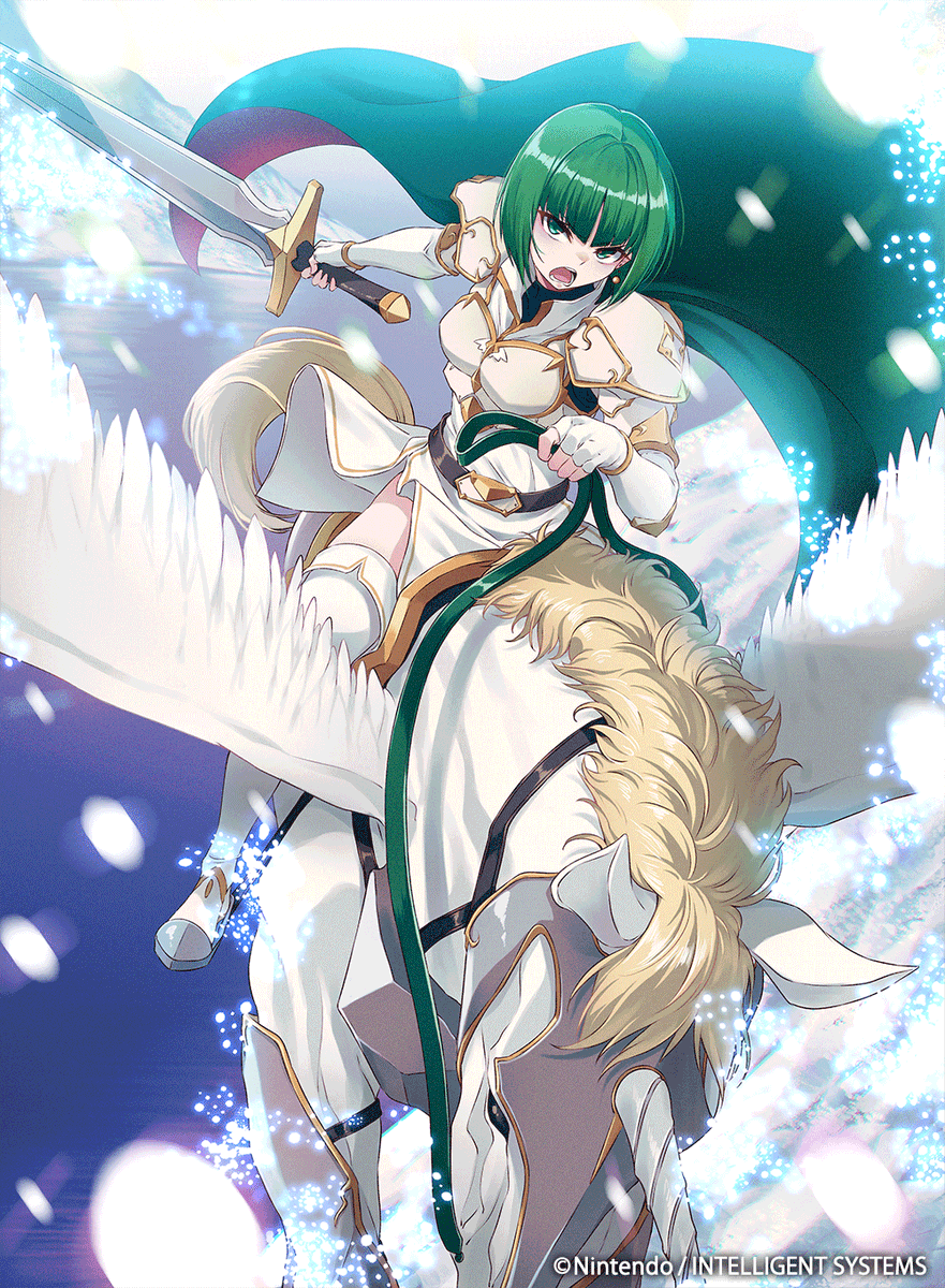 1girl 40hara angry cape deet'var dress earrings fire_emblem fire_emblem:_genealogy_of_the_holy_war fire_emblem_cipher green_cape green_eyes green_hair highres jewelry light_particles official_art open_mouth pegasus pegasus_knight sword thigh-highs weapon white_armor white_dress