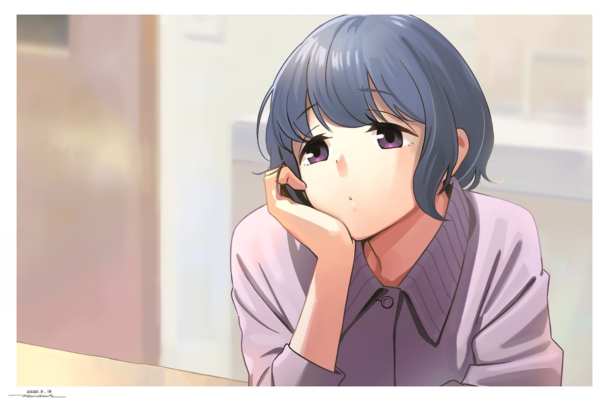 1girl blue_hair blurry blurry_background border chin_rest closed_mouth commentary dated depth_of_field dot_mouth dot_nose hand_up horikou indoors long_sleeves shima_saki short_hair signature solo violet_eyes white_border yurucamp