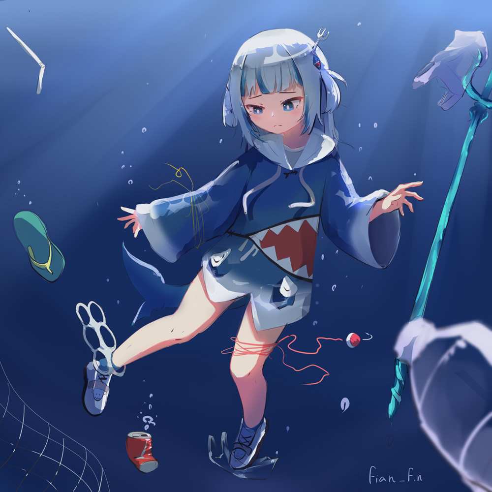 1girl artist_request blue_eyes can drinking_straw fork gawr_gura hololive hololive_english hood hoodie hook net pollution slippers string trash underwater