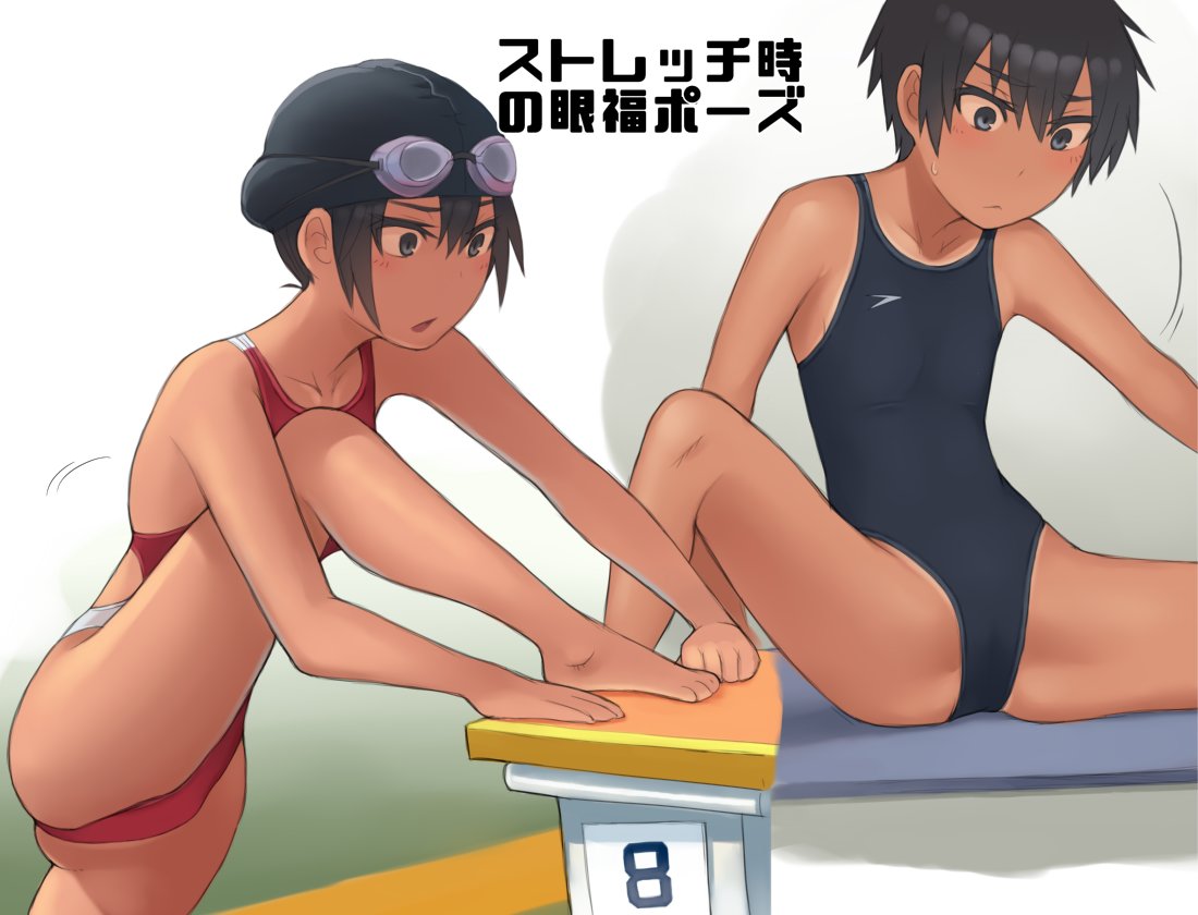 2girls barefoot black_eyes black_hair black_headwear black_swimsuit commentary_request competition_swimsuit cowboy_shot feet_out_of_frame flat_chest goggles goggles_on_head kuronami_(lvi) lvi multiple_girls one-piece_swimsuit one-piece_tan original red_swimsuit short_hair simple_background speedo_(company) spread_legs starting_block stretch swim_cap swimsuit tan tanline translation_request white_background
