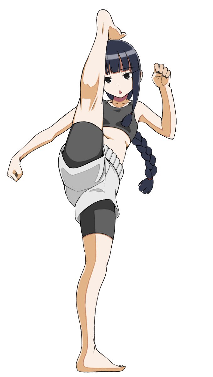 1girl alternate_costume bangs barefoot bike_shorts bike_shorts_under_shorts black_eyes black_hair blunt_bangs braid commentary_request full_body hair_ribbon high_kick highres kantai_collection kicking kitakami_(kantai_collection) long_hair looking_at_viewer ribbon shorts sidelocks simple_background solo sports_bra tress_ribbon tsusshi white_background white_shorts