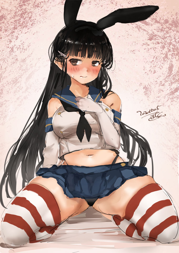 1girl animal_ears black_hairband black_panties blue_sailor_collar blue_skirt brown_eyes commentary_request cosplay crop_top dated elbow_gloves fake_animal_ears gloves hair_ornament hairband hairclip highleg highleg_panties kantai_collection kneeling long_hair looking_to_the_side microskirt miniskirt myoukou_(kantai_collection) navel panties pleated_skirt rabbit_ears sailor_collar shimakaze_(kantai_collection) shimakaze_(kantai_collection)_(cosplay) sideways_glance signature skirt solo striped striped_legwear thigh-highs toka_(marchlizard) underwear white_gloves