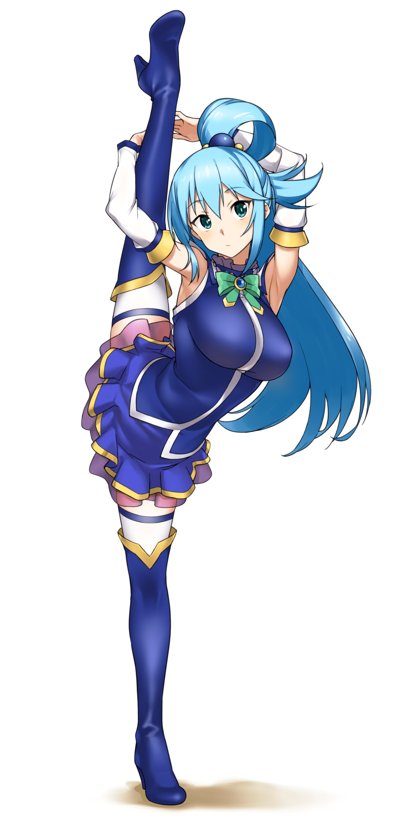 1girl absurdres aqua_(konosuba) armpits bangs bare_shoulders blue_eyes blue_footwear blue_hair boots bow breasts detached_sleeves eyebrows_visible_through_hair frown full_body hair_between_eyes hair_ornament hair_rings hatakenaka_(kamagabuchi) high_heel_boots high_heels highres kono_subarashii_sekai_ni_shukufuku_wo! large_breasts leg_hold leg_lift long_hair looking_at_viewer shiny shiny_hair simple_background skirt solo split standing standing_on_one_leg standing_split thigh-highs thigh_boots white_background white_legwear