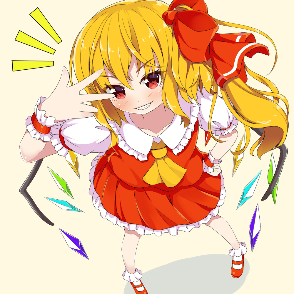 1girl ascot beige_background blonde_hair blush bobby_socks bow collarbone commentary_request crystal eyelashes eyes_visible_through_hair flandre_scarlet foreshortening frilled_cuffs frilled_shirt_collar frilled_skirt frills from_above full_body hair_between_eyes hair_bow hand_on_hip inward_v looking_at_viewer mary_janes medium_hair no_headwear notice_lines parted_lips perspective pigeon-toed puffy_short_sleeves puffy_sleeves red_bow red_eyes red_footwear red_skirt red_vest shoes short_sleeves simple_background skirt skirt_set smile socks solo standing teeth touhou v-shaped_eyebrows vest wings yellow_neckwear yuimari