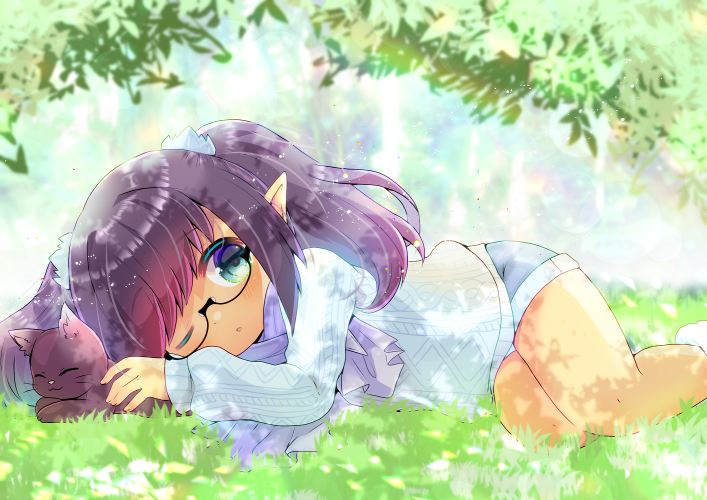 1girl ;o animal black-framed_eyewear black_cat black_hair blue_shorts cat commentary_request day feet_out_of_frame final_fantasy final_fantasy_xiv flower glasses green_eyes kouu_hiyoyo long_hair long_sleeves lying on_grass on_side one_eye_closed original outdoors parted_lips pointy_ears semi-rimless_eyewear short_sleeves shorts sleeves_past_wrists solo sweater twintails under-rim_eyewear white_flower white_sweater