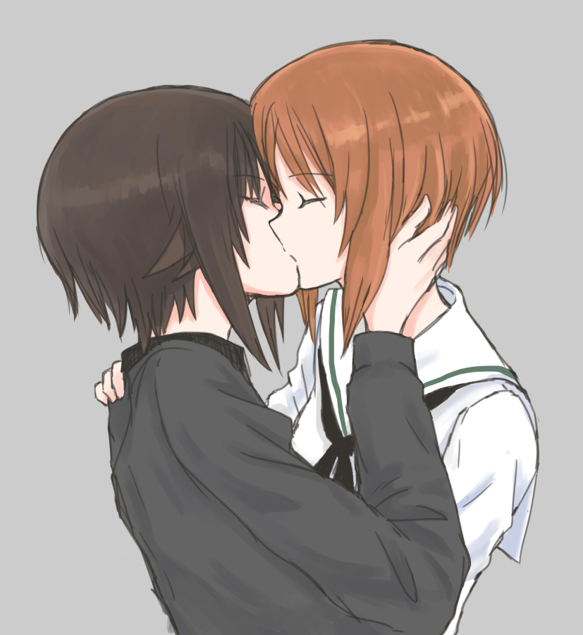 2girls bangs black_neckwear blouse brown_hair closed_eyes commentary dress_shirt eyebrows_visible_through_hair girls_und_panzer grey_background grey_shirt hand_in_another's_hair hand_on_another's_shoulder incest kiss kuromorimine_school_uniform long_sleeves multiple_girls mutsu_(layergreen) neckerchief nishizumi_maho nishizumi_miho ooarai_school_uniform sailor_collar school_uniform serafuku shirt short_hair siblings simple_background sisters upper_body white_blouse white_sailor_collar yuri