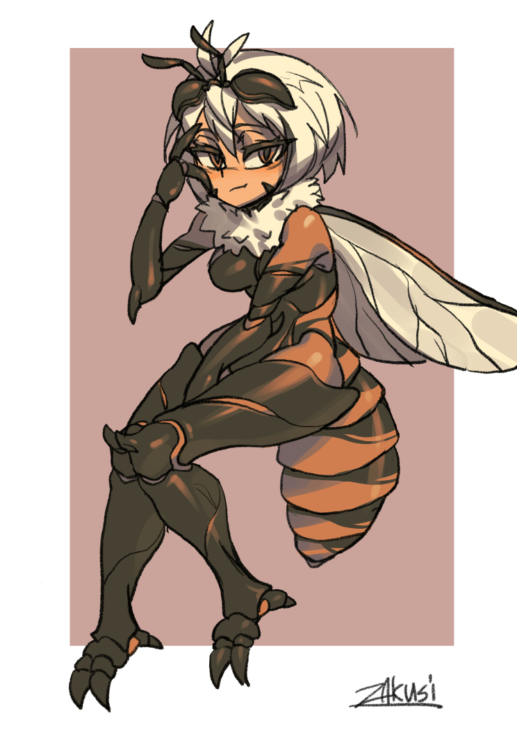 1girl :t antennae bee_girl blush border breasts brown_background brown_eyes closed_mouth commentary english_commentary extra_eyes fewer_digits full_body fur_collar hand_up insect_girl insect_wings looking_at_viewer medium_breasts monster_girl original short_hair signature simple_background solo white_border white_hair wings zakusi