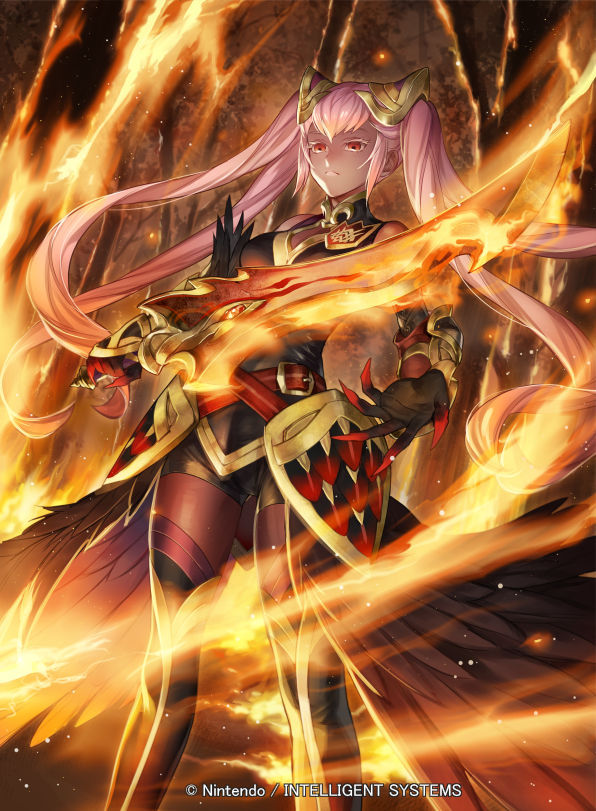 1girl armor bare_shoulders claws colored_eyelashes feather_trim fire fire_emblem fire_emblem_cipher fire_emblem_heroes hair_ornament laevatein_(fire_emblem) official_art p-nekor pink_hair red_eyes sword thigh-highs twintails weapon