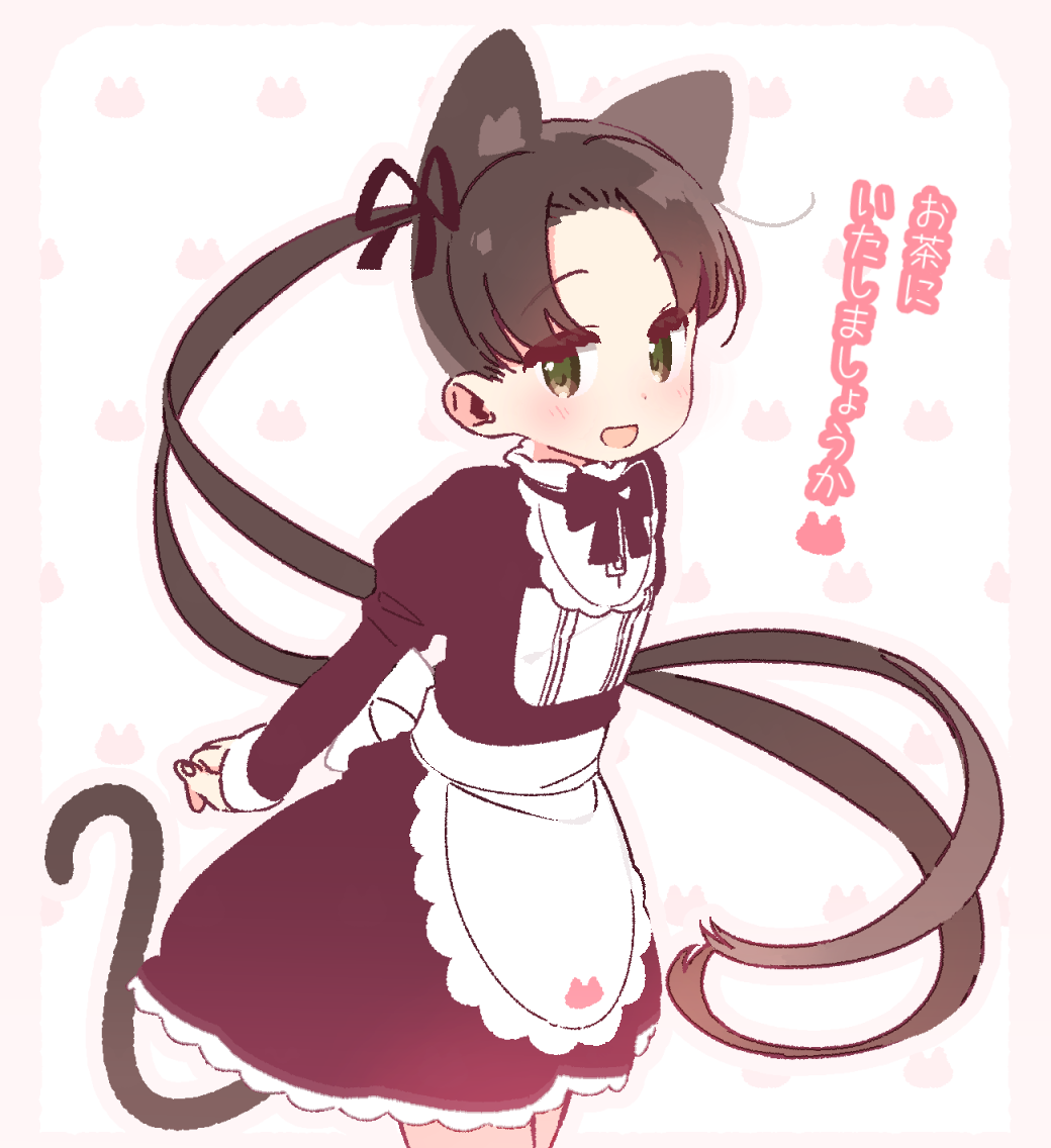 1girl animal_ears ayanami_(kantai_collection) blush cat_ears cat_symbol cat_tail green_eyes kantai_collection lace maid solo tail translated yoru_nai