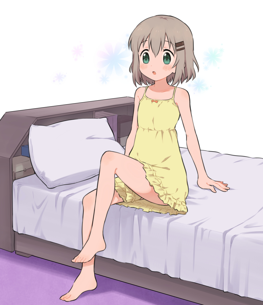 1girl :o barefoot bed blush dress frilled_dress frills green_eyes hair_ornament hairclip leg_lift light_brown_hair meis_(terameisu) pajamas short_hair sitting solo spaghetti_strap yama_no_susume yukimura_aoi