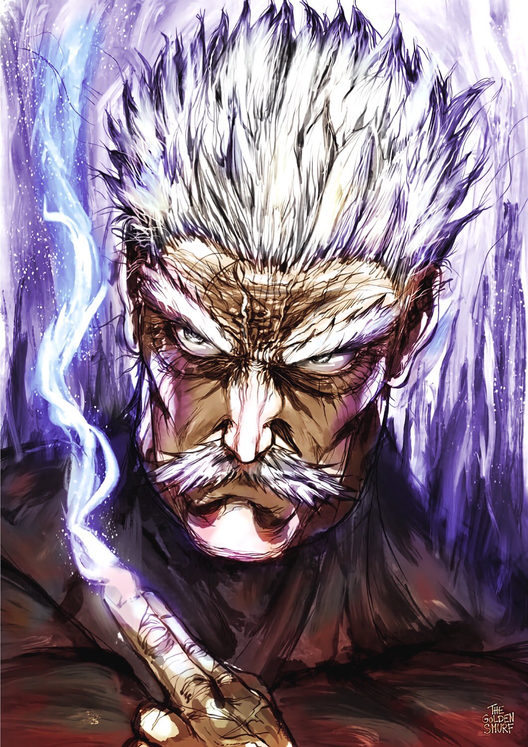 1boy artist_name aura bang_(one-punch_man) black_bodysuit bodysuit closed_mouth commentary english_commentary facial_hair furrowed_eyebrows grey_eyes grey_hair hand_up highres making-of_available male_focus manly mustache old_man one-punch_man photoshop_(medium) portrait purple_hair solo steam the_golden_smurf