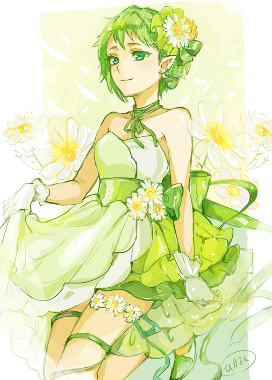 1girl blue_eyes collarbone dress earrings flower gloves green_hair green_ribbon hair_flower hair_ornament hair_ribbon hara_hikaru jewelry layered_dress macross macross_delta neck_ribbon pointy_ears reina_prowler ribbon shiny shiny_hair short_dress short_hair sleeveless sleeveless_dress solo strapless strapless_dress thigh_ribbon white_background white_flower white_gloves