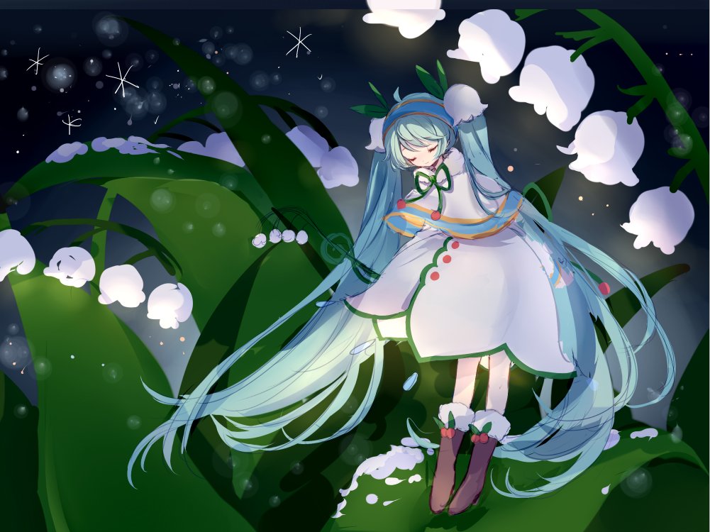 1girl aqua_hair arms_behind_back boots capelet cherry closed_eyes commentary dress flower food fruit fur-trimmed_boots fur-trimmed_capelet fur_trim gold_trim hair_flower hair_ornament hairband hatsune_miku hoop_skirt leaf leaning_forward lily_of_the_valley long_hair night nishina_hima skirt snow snowbell_(flower) solo twintails very_long_hair vocaloid white_capelet white_dress white_skirt work_in_progress yuki_miku yuki_miku_(2015)