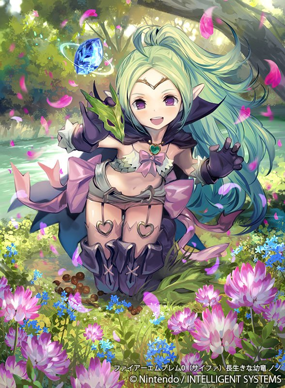 1girl boots bow cape circlet dragonstone fire_emblem fire_emblem_awakening fire_emblem_cipher flat_chest garter_straps green_hair heart heart_necklace high_collar kawasumi_mahiro kneeling manakete md5_mismatch midriff nowi_(fire_emblem) official_art outdoors pink_bow pointy_ears ponytail purple_cape short_shorts shorts thigh-highs thigh_boots violet_eyes