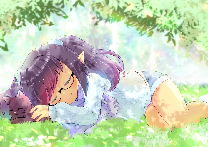 1girl animal black-framed_eyewear black_cat black_hair blue_shorts cat closed_eyes closed_mouth commentary_request commission day facing_viewer feet_out_of_frame final_fantasy final_fantasy_xiv flower glasses kouu_hiyoyo long_hair long_sleeves lying on_grass on_side original outdoors pointy_ears semi-rimless_eyewear short_sleeves shorts skeb_commission sleeves_past_wrists smile solo sweater twintails under-rim_eyewear white_flower white_sweater