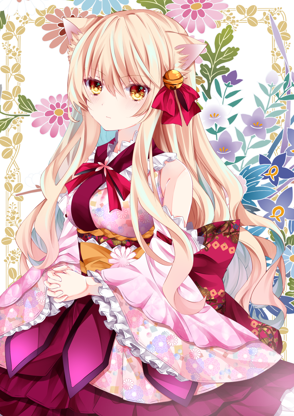 1girl animal_ear_fluff animal_ears bangs bare_shoulders bell blonde_hair blush bow breasts brown_eyes cat_ears closed_mouth commentary_request detached_sleeves eyebrows_visible_through_hair floral_background floral_print frilled_sleeves frills hair_bell hair_between_eyes hair_bow hair_ornament highres japanese_clothes jingle_bell kimono long_hair long_sleeves looking_at_viewer medium_breasts nanase_kureha nanase_nao original pink_kimono print_kimono print_sleeves red_bow sleeveless sleeveless_kimono solo very_long_hair wide_sleeves
