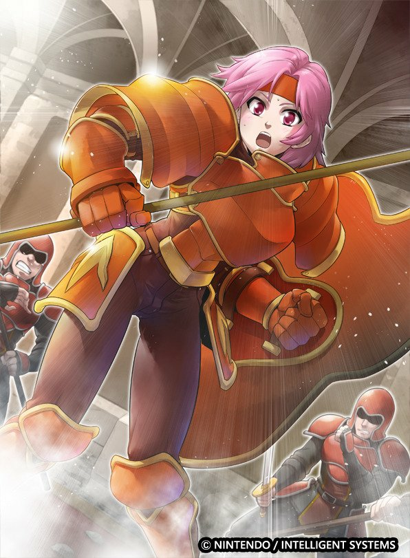 1girl 2boys armor armored_boots boots castle fire_emblem fire_emblem:_the_binding_blade fire_emblem_cipher gwendolyn_(fire_emblem) headband mineri multiple_boys official_art pink_eyes pink_hair polearm red_armor red_headband shield shoulder_armor spear weapon