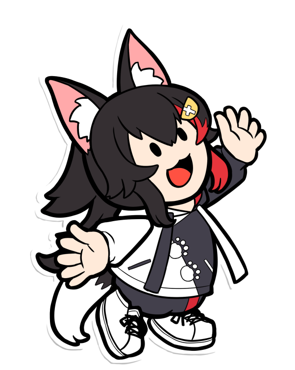 1girl :3 :d animal_ear_fluff animal_ears black_hair chibi hair_ornament hairclip highlights hololive hood hoodie kagelantern long_hair looking_up multicolored_hair ookami_mio open_mouth outline paw_print redhead shoes smile sneakers solo streaked_hair tail transparent_background virtual_youtuber white_outline wolf_ears wolf_girl wolf_tail