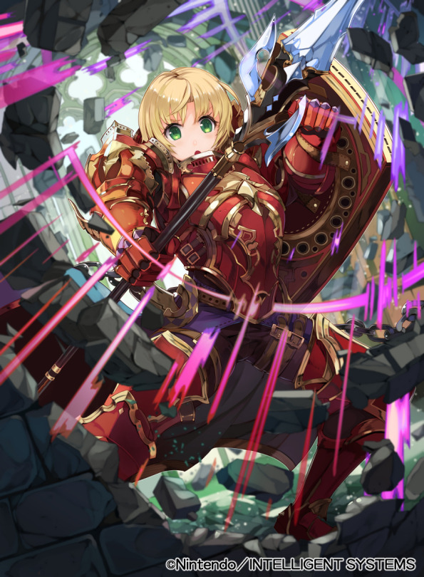 1girl amelia_(fire_emblem) armor armored_boots blonde_hair boots chain fire_emblem fire_emblem:_the_sacred_stones fire_emblem_cipher gold_trim green_hair kurosawa_tetsu official_art polearm red_armor ruins shield short_hair shoulder_armor spear weapon