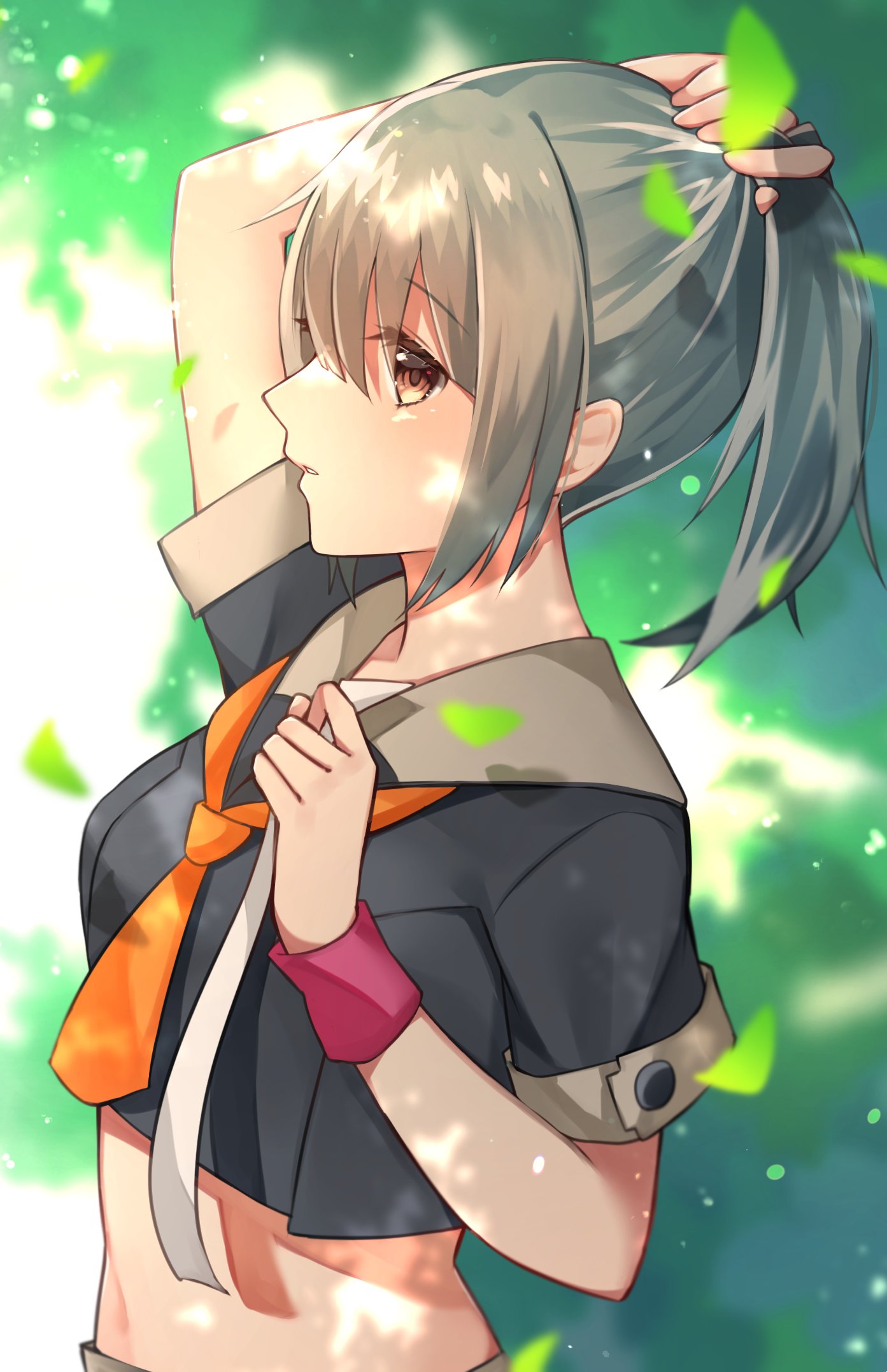 1girl adjusting_hair arm_up bangs brown_eyes crop_top eyebrows_visible_through_hair grey_hair grey_shirt highres kantai_collection katsuobushi_(eba_games) midriff orange_neckwear ponytail remodel_(kantai_collection) sailor_collar sailor_shirt school_uniform shirt short_hair short_sleeves solo sweatband tying_hair yuubari_(kantai_collection)